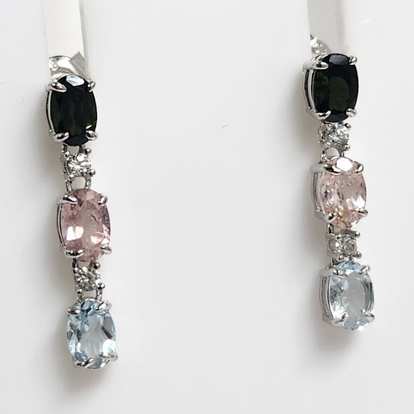 VTG NIB 925 Tourmaline Multi-Gem Dangle Drop Stud Earrings Signed 1" - Picture 6 of 14